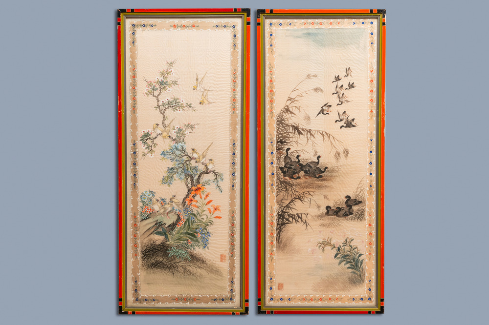 Ecole chinoise, encre et couleurs sur textile, 19/20&egrave;me: 'Canards et oiseaux'